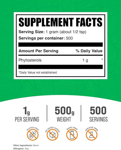 BulkSupplements.com Phytosterols Powder - Phytosterols Supplement, Beta Sitosterol Supplement - Sourced from Soy, Gluten Free, 1000mg per Serving, 500g (1.1 lbs) (Pack of 1)