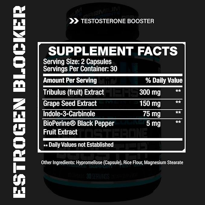 Test Booster for Men with Estrogen Blocker - Anti-Estrogen Dietary Supplement - Natural Aromatase Inhibitor - Increase Libido & Strength 60 Capsules - Muscle Growth - Weight Loss (2 Bottles)