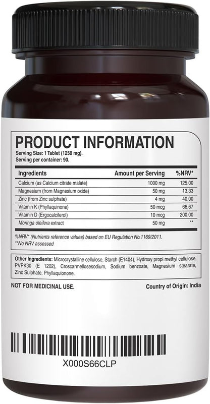 Pure Nutrition Ultra Calcium Citrate 1000mg Highly absorbable Calcium Supplement with Calcium Citrate Malate, Vitamin D, Zinc and Magnesium - 1 Tablet Daily (90 Veg Tabs) Non-GMO | Gluten-Free