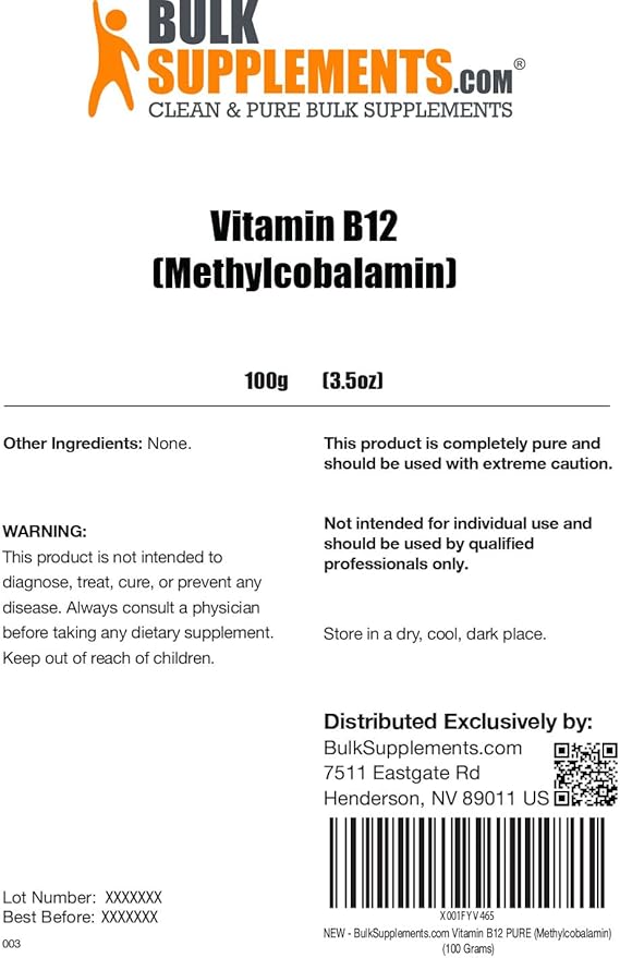 BulkSupplements.com Pure Vitamin B12 Methylcobalamin Powder - Vitamin B12 Supplements, Essential B Vitamin - Pure Product, Multiple Servings, 100g (3.5 oz) (Pack of 1)