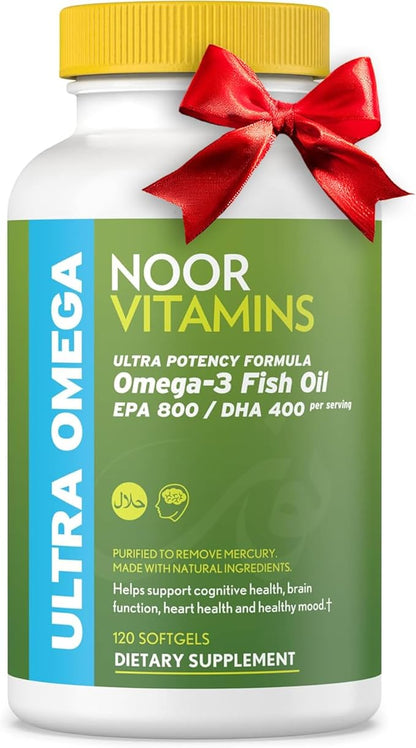 Noor Vitamins Halal Fish Oil, Halal Vitamins, Fish Oil Halal, Ultra Omega 3 Wild Peruvian Fish Oil (800 mg EPA & 400 mg DHA) Heart, Brain & Joint Support, Non-GMO & Gluten Free (120 Count)
