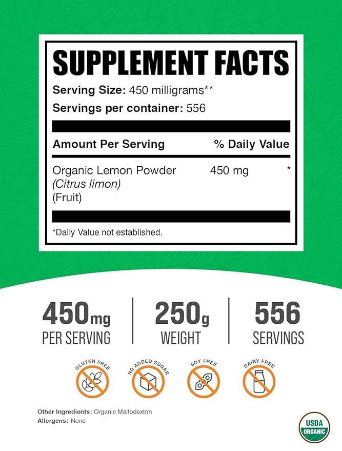 BulkSupplements.com Organic Lemon Powder - Natural Vitamin C Source, Fruit Powder, Lemon Flavoring - for Immune Support, Gluten Free, 450mg per Serving, 250g (8.8 oz) (Pack of 1)