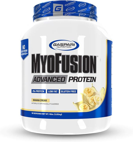 Gaspari Nutrition Myofusion Advanced Protein, Protein Blend with Whey Protein, Casein Protein and Isolate Protein, Low Fat and Gluten Free (Banana Cream, 4 Pound)