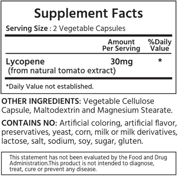 Natural Lycopene 30 mg 120 Vegetable Capsules. All-Natural from Tomatoes. Antioxidant & Immune Support, Cardiovascular Health & Prostate Health.