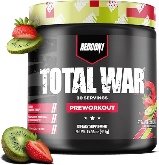 REDCON1 Total War Pre Workout - L Citrulline, Malic Acid, Green Tea Leaf Extract for Pump Boosting Pre Workout for Women & Men - 3.2g Beta Alanine to Reduce Exhaustion, Strawberry Kiwi, 30 Servings