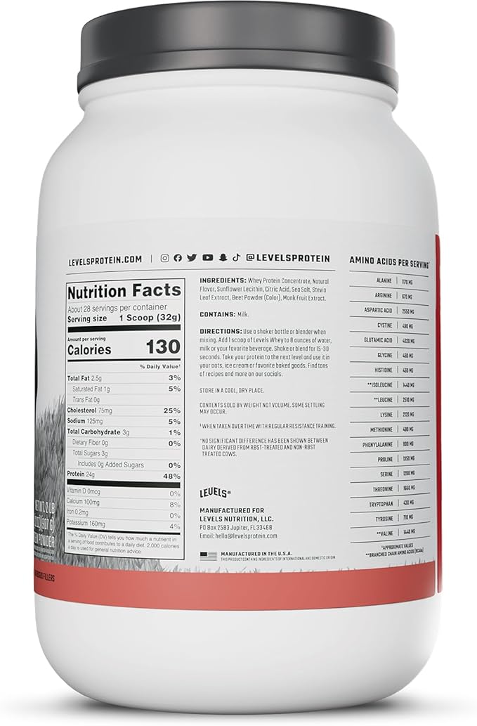Levels Grass Fed Whey Protein Powder, No Artificials, 24G of Protein, Strawberry, 2LB