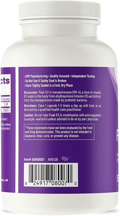 AOR, Peak K2, Supports Bone and Cardiovascular Health and Normal Blood Clotting, Dietary Supplement, 90 servings (90 capsules)