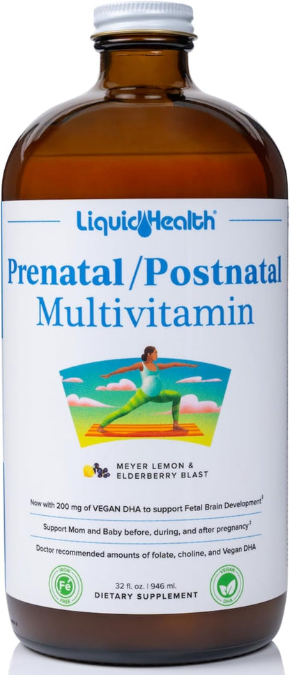 LIQUIDHEALTH Prenatal/Postnatal Multiple Liquid Women's Multivitamin with Real Folate - Pre & Postnatal Vitamins for Before, During, After Pregnancy - Vegan, Sugar-Free, Non GMO, Great Taste (32 oz)