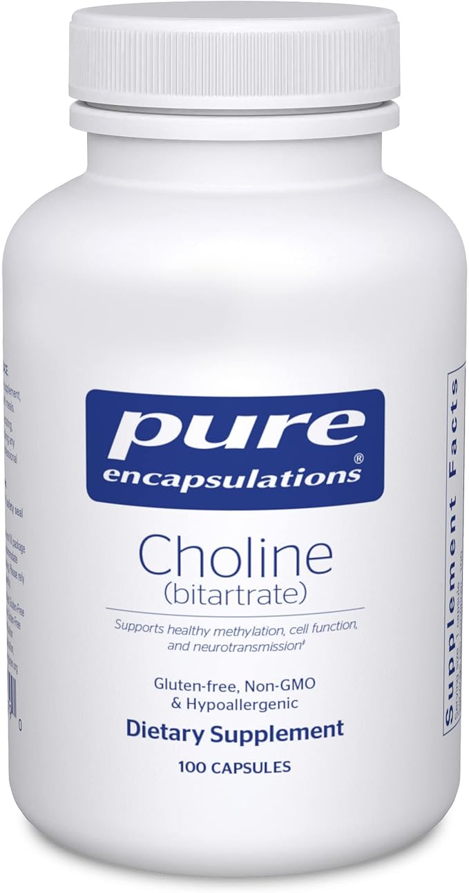 Pure Encapsulations Choline (Bitartrate) - 275 mg Choline (Bitartrate) - Supports Methylation, Brain Health & Cell Function* - Highly Bioavailable - Vegan & Non-GMO - 100 Capsules