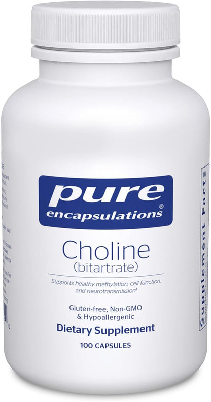 Pure Encapsulations Choline (Bitartrate) - 275 mg Choline (Bitartrate) - Supports Methylation, Brain Health & Cell Function* - Highly Bioavailable - Vegan & Non-GMO - 100 Capsules
