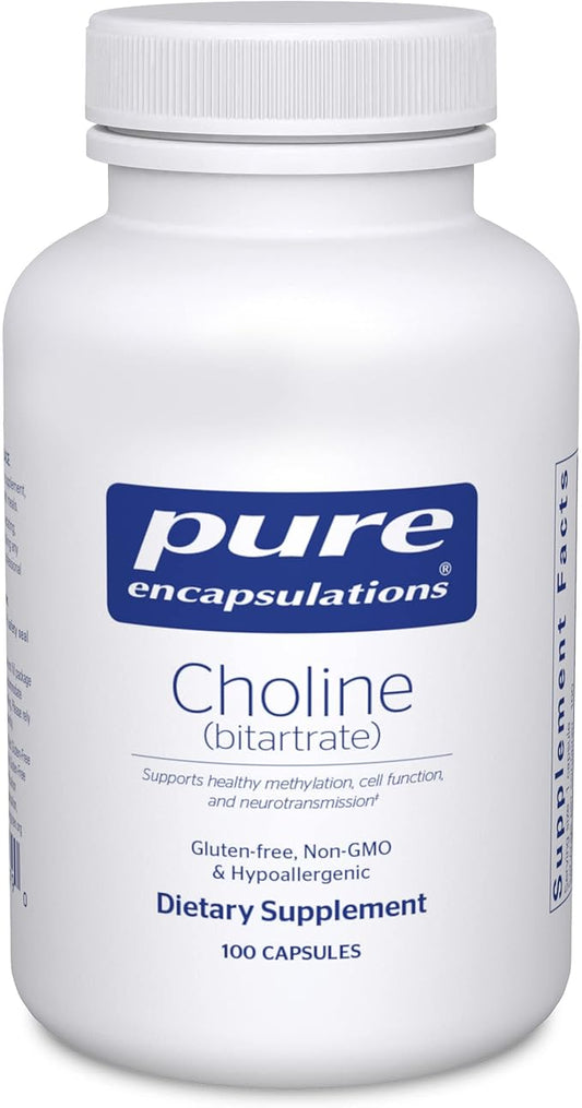 Pure Encapsulations Choline (Bitartrate) - 275 mg Choline (Bitartrate) - Supports Methylation, Brain Health & Cell Function* - Highly Bioavailable - Vegan & Non-GMO - 100 Capsules