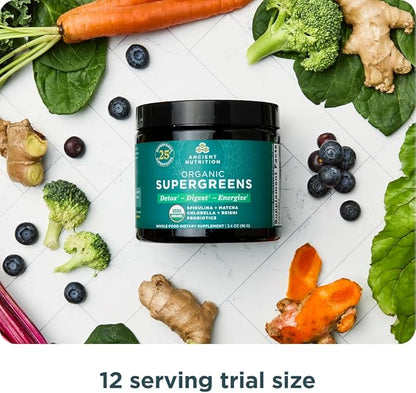 Ancient Nutrition Organic SuperGreens Powder with Probiotics, Organic Greens Flavor Greens, Made from Real Fruits, Vegetables and Herbs, Digestive and Energy Support, 12 Servings, 3.4oz
