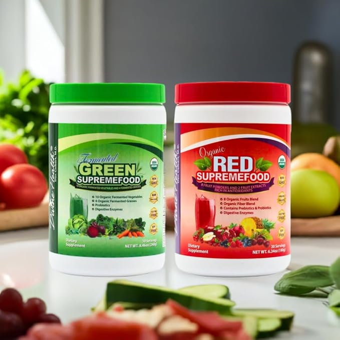 Divine Health Dr. Colbert, MD Superfood Package | 30 Servings of Green Supremefood & Red Supremefood 14 Organic and Fermented Green Vegetables and Grasses | 8 Organic Fruits