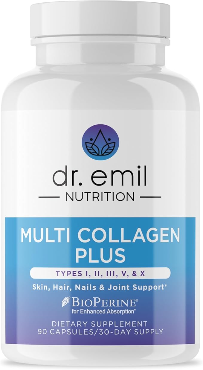 DR. EMIL NUTRITION Multi Collagen Pills - Collagen Supplements to Support Hair, Skin, Nails, & Joints - Hydrolyzed Collagen Supplements for Women with Types I, II, III, V & X - 90 Capsules