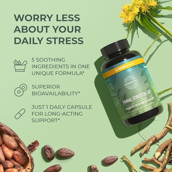 Primal Harvest Stress Relief Supplement for Women and Men Pure Ashwagandha Root Extract, L-Theanine Supplements, 30 Capsules