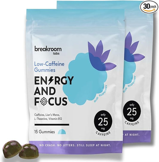 Energy and Focus Gummies - L-Theanine Caffeine, Lions Mane, Vitamin B12 - Low Sugar, Vegan Energy Chews + Brain Supplements for Memory and Focus - Blue Raspberry Flavor, 15 Servings