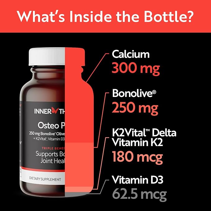 Osteo Plus 4-in-1 Comprehensive Bone Support Supplement - Calcium with Vitamin D3, K2 and Bonolive - Supports Joints, Bone Density and Strength - Gluten-Free, Non-GMO, Vegan (60 Count)
