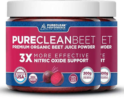 PureClean Organic Beet Juice Powder - Nitric Oxide Supplement - 100% USA Grown Beets - Organic Beet Root Powder 30 Servings, 300g (2 Jars 60 Servings)