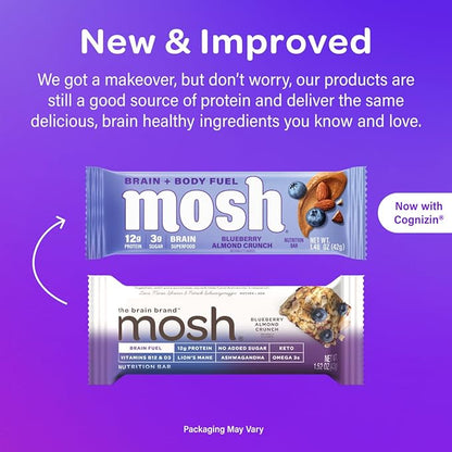 MOSH Blueberry Almond Crunch Keto Protein Bars, High Fiber, Low Carb, Gluten Free, High Protein, Brain Healthy Snack, 12 Count