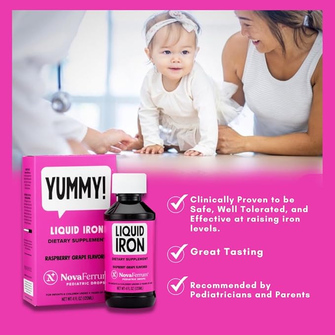 NovaFerrum Yummy | Pediatric Drops Liquid Iron Supplement for Infants and Toddlers | Liquid Iron for Kids | 15mg of Iron Per 1mL Dose | Ages 4 & Under | Gluten Free Certified | Sugar-Free | Raspberry