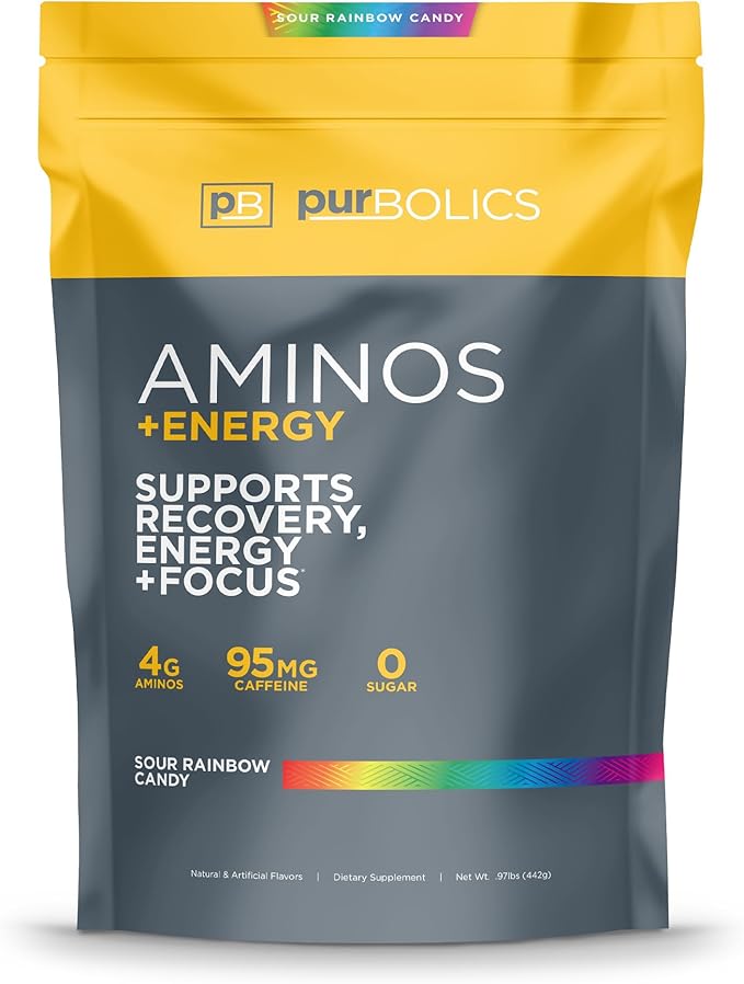 Aminos + Energy | Supports Recovery, Energy & Focus | 95mg of Caffeine, 0 Sugar & 60 Servings (Sour Rainbow Candy)