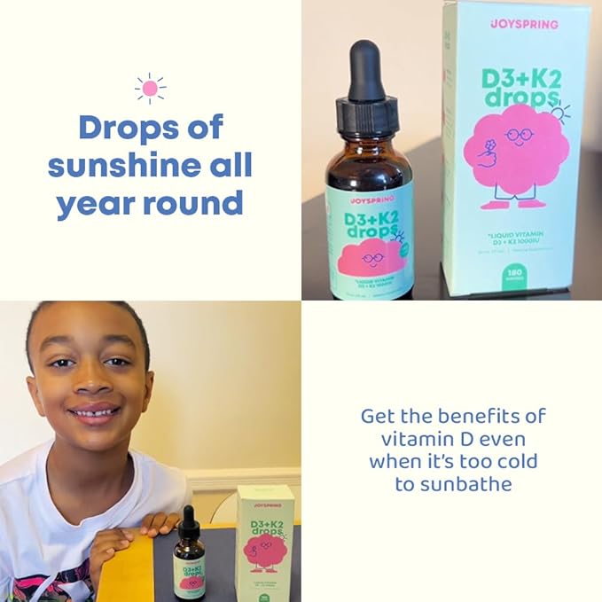 JoySpring Vitamin D3 Kids Drops with Vitamin K2 |360 Servings (2 fl oz)| Vitamin D Toddler Liquid Supplement | Children's Vitamin D Calcium Absorption & Joint Health Support | Vitamin D Kids Ages 3-18