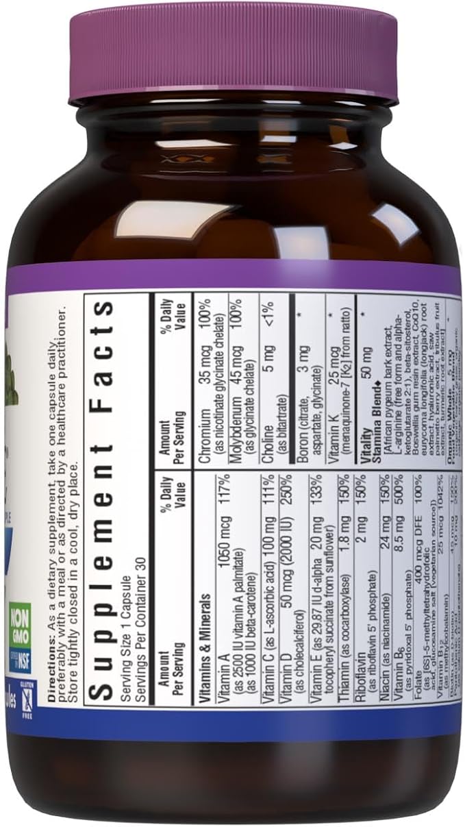 Bluebonnet Nutrition Mens' ONE 40+ Whole Food-Based Multiple, Men Multivitamin for Men 40+, Soy-Free, Non-GMO, Gluten Free, Kosher, 30 Vegetable Capsules, 30 Servings