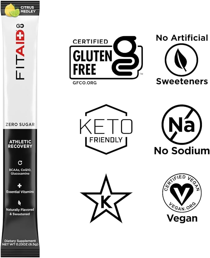 FITAID GO ZERO SUGAR Recovery Hydration Packet, W/ BCAAs, Glucosamine, Electrolytes, Omega-3s, 100% Clean, Keto-friendly, Vegan & Gluten-Free, 5 calories, Naturally Sweetened, 14 pack