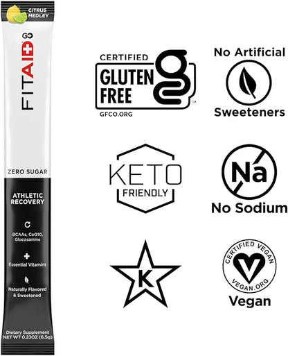 FITAID GO ZERO SUGAR Recovery Hydration Packet, W/ BCAAs, Glucosamine, Electrolytes, Omega-3s, 100% Clean, Keto-friendly, Vegan & Gluten-Free, 5 calories, Naturally Sweetened, 14 pack