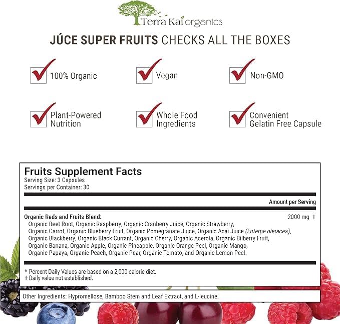 Júce Organic Super Fruits Supplement Gluten/Gelatin Free, Non-GMO, Soy Free & Vegan | Reds Superfood Capsules | 23 Fruits (90 Count)