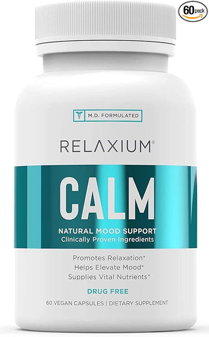 Relaxium Calm, Non-Habit Forming, Stress & Mood Support Supplement, Elevate Mood & Boost Relaxation with Ashwagandha, 5-HTP, GABA, Made in USA (60 Vegan Capsules, 30 Day Supply)