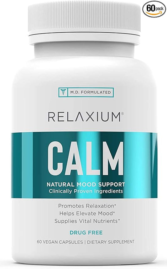 Relaxium Calm, Non-Habit Forming, Stress & Mood Support Supplement, Elevate Mood & Boost Relaxation with Ashwagandha, 5-HTP, GABA, Made in USA (60 Vegan Capsules, 30 Day Supply)