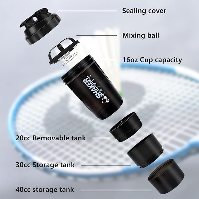 XTK Shaker Bottle 16OZ Protein Shaker Bottles with Mix Ball Portable Sports Water Bottle Leak Proof GYM Cup for Protein Mixes with Powder Storage & Pill Organizer, Idea for Pre Workout,BPA Free-Black