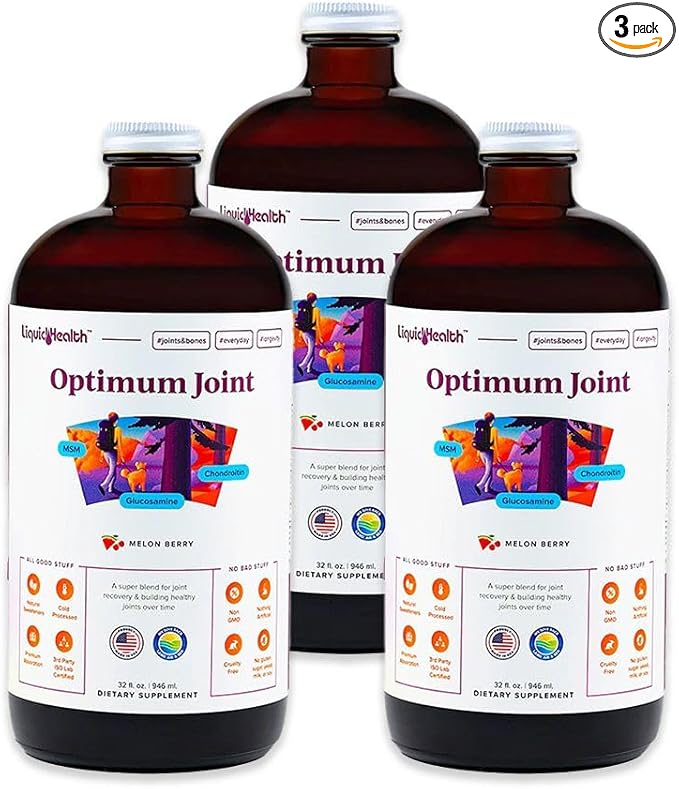LIQUIDHEALTH Optimum Joint Support Liquid Multivitamin with Glucosamine, Chondroitin, MSM, Hyaluronic Acid - Increase Mobility, Joint Comfort, for Runners & Athletes, Sugar-Free, Vegan (3pack)