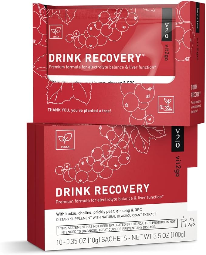 Drink Recovery Electrolytes Powder with Vitamins, Vegan Electrolyte Packets for Hydration & Liver Detox, Blackcurrant Flavor (10 Sachets)