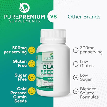 PurePremium Black Seed Oil 500mg - Organic Nigella Sativa Seeds - Cold Pressed Black Cumin Seed Oil Extract - Hair & Skin Blackseed Oil Supplement for Men and Women - 3 Months Supply - 90 Capsules