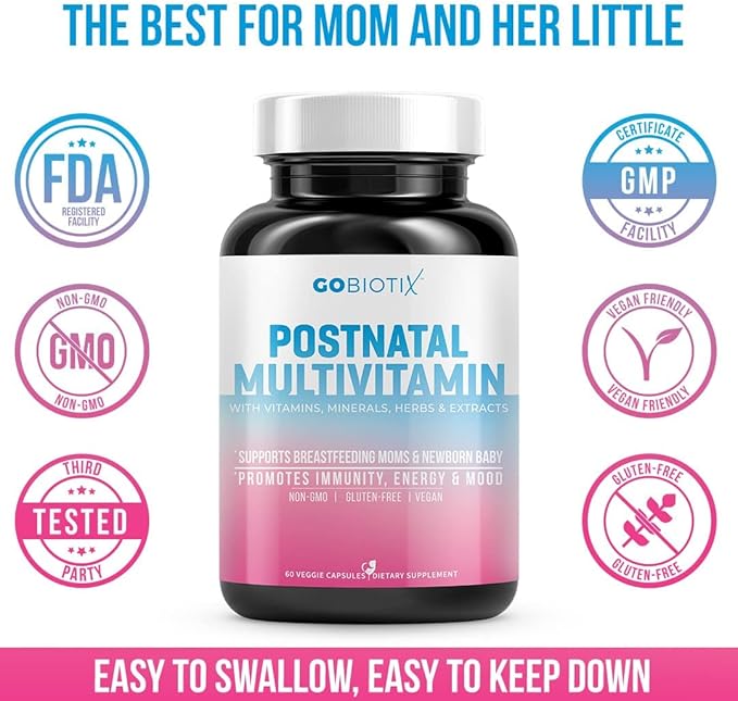 Postnatal Vitamins for Breastfeeding Moms - Lactation Supplement with Organic Herbs, Minerals, Nutrients for New Mothers and Baby - Postpartum Pills for Energy and Mood, Non GMO, Vegan, 60 Capsules