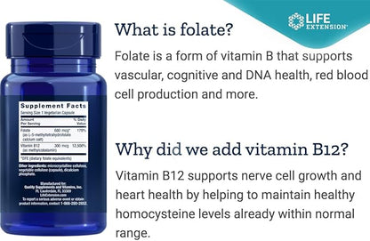 Life Extension BioActive Folate & Vitamin B12, 150 Vegetarian Capsules - Non GMO, Gluten Free Supplement