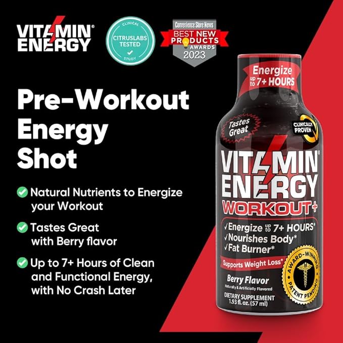 Pre Workout Vitamin Energy Drink - Keto Friendly Sugar Free Shots | Natural Clean Green Tea Caffeine with Proprietary Endurance Blend | Energize up to 7+ Hours - Berry - 1.93 Fl Oz (Pack of 24)