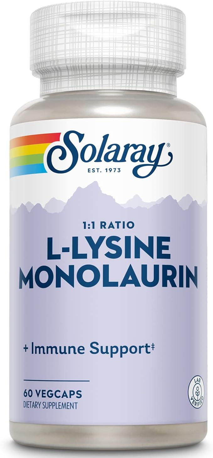 Solaray L-Lysine Monolaurin Immune Support Supplement, 1:1 Ratio for Immune System Function, Skin and Gut Health Support, 500 mg Each, 60-Day Money Back Guarantee, 30 Servings, 60 VegCaps