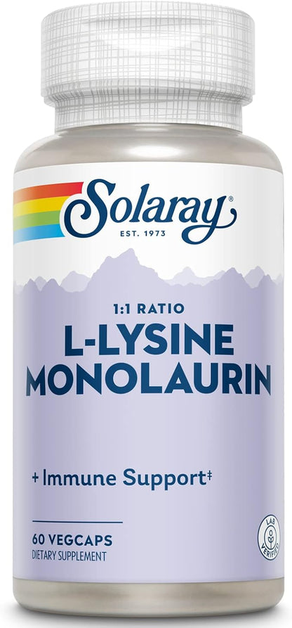 Solaray L-Lysine Monolaurin Immune Support Supplement, 1:1 Ratio for Immune System Function, Skin and Gut Health Support, 500 mg Each, 60-Day Money Back Guarantee, 30 Servings, 60 VegCaps