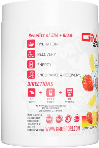 GMU SPORT - BCAA & EAA Hydration & Recovery Powder -Full Essential Amino Acids Profile Hydration Powder for Energy, Fast Recovery & Endurance - 40 Servings, Electrolyte Drink (Strawberry Lemonade)