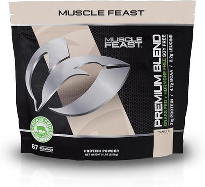 Muscle Feast Grass Fed Premium Blend Whey Protein, Hydrolyzed Whey, Isolate, Micellar Casein, Kosher Certified, 21g Protein, 100 Calories (Vanilla, 5lb)