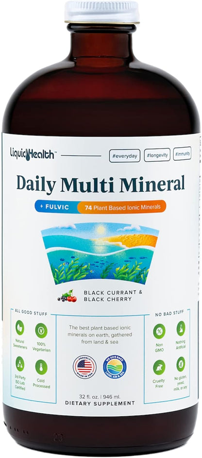 LIQUIDHEALTH Daily Multi Mineral Liquid Supplement with Fulvic Acid, Plant Based Ionic Aquamin Sea Trace Ocean Minerals - Immune Support, Energy, Gut Health, Detox - Vegetarian, Sugar-Free (32 oz)