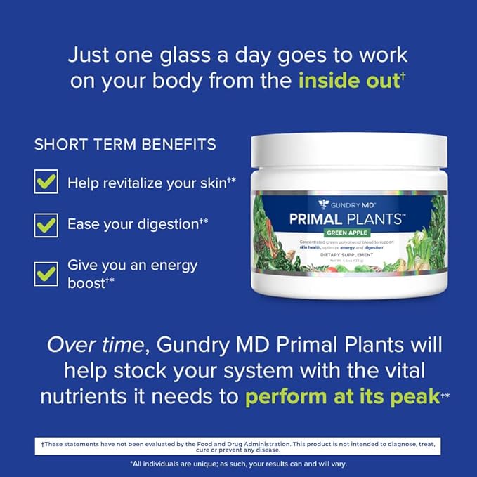 Gundry MD® Primal Plants MTHF Greens Powder Superfood Supplement to Support Skin Health, Optimize Energy and Digestion, 1 Full Serving of Vegetables - Green Apple Flavor (30 Servings) (New Formula)