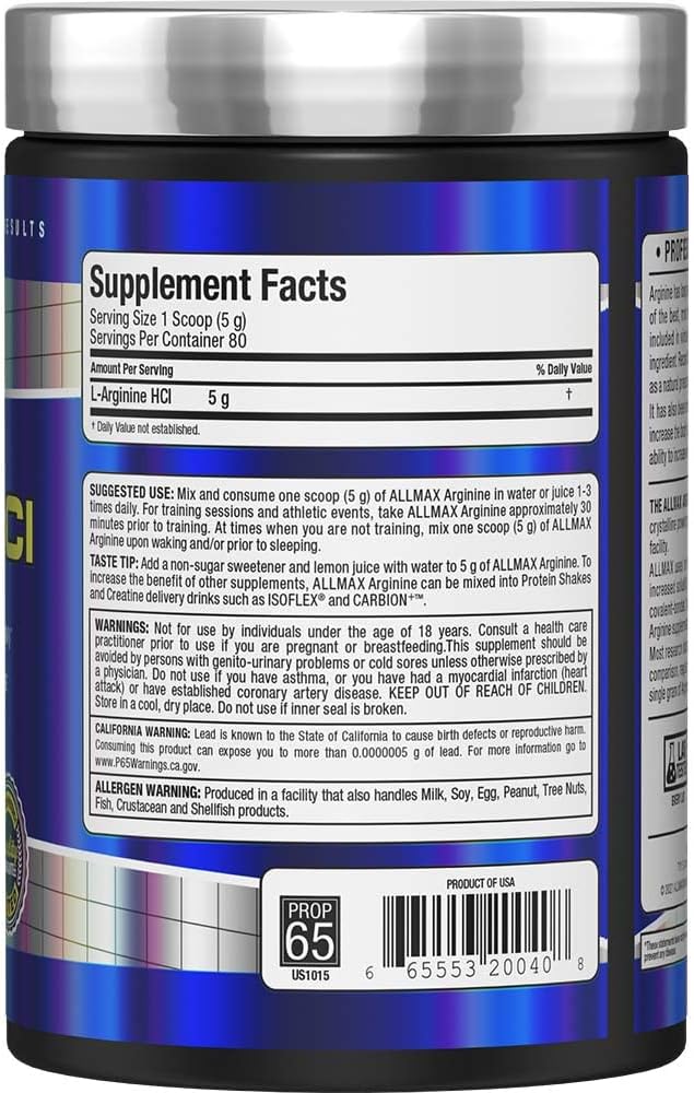 ALLMAX Essentials ARGININE HCL - 400 g - Precursor for Synthesis of Nitric Oxide - Vegan & Gluten Free - 200 Servings