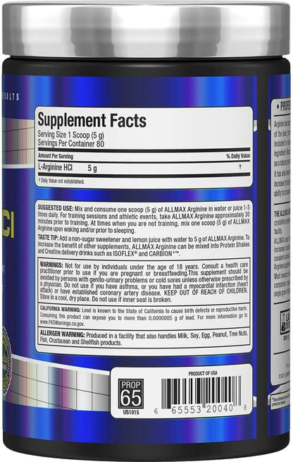 ALLMAX Essentials ARGININE HCL - 400 g - Precursor for Synthesis of Nitric Oxide - Vegan & Gluten Free - 200 Servings