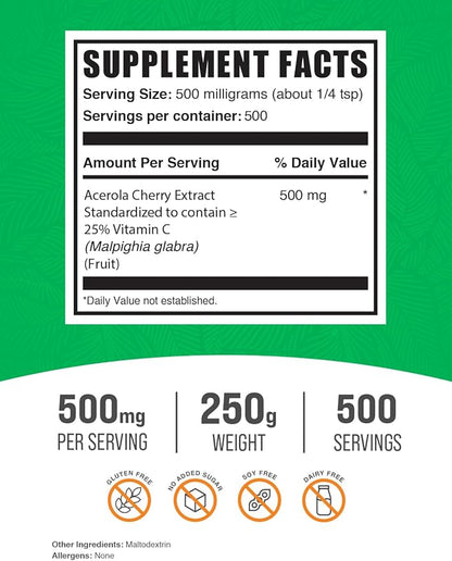 BulkSupplements.com Acerola Cherry Extract Powder - Natural Vitamin C Supplement, Acerola Cherry Powder - Vegan & Gluten Free, 500mg per Serving, 250g (8.8 oz) (Pack of 1)