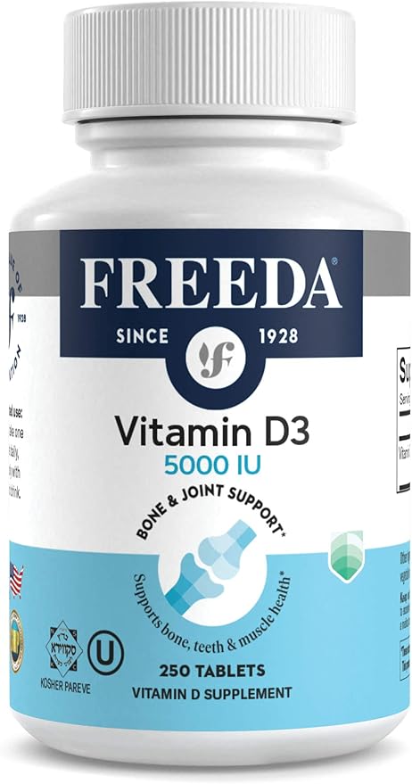 FREEDA Vitamin D3-5000 IU - Pure High Potency Kosher Supplement Tablets - Bone and Muscle Health, Calcium Absorption, Immune Support for Men and Women* - 250 Count