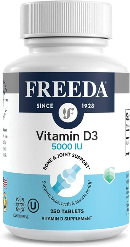 FREEDA Vitamin D3-5000 IU - Pure High Potency Kosher Supplement Tablets - Bone and Muscle Health, Calcium Absorption, Immune Support for Men and Women* - 250 Count